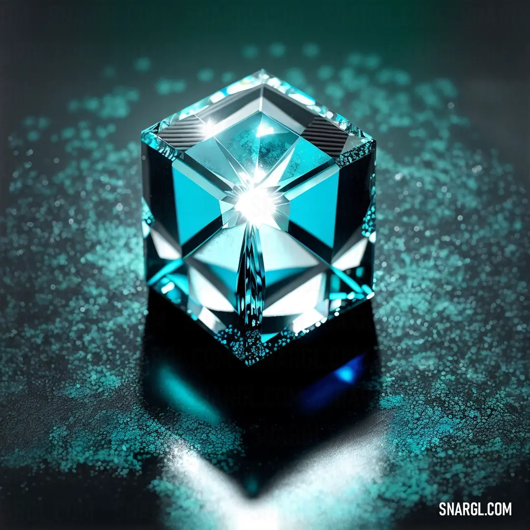 Blue diamond on top of a table next to a black surface with a green light shining on it