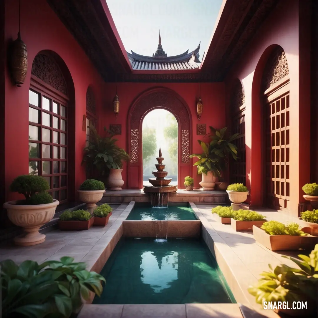 A beautiful courtyard featuring a gentle fountain surrounded by potted plants, with natural light pouring through a skylight and large windows above. The serene atmosphere makes it an ideal place for peaceful reflection.