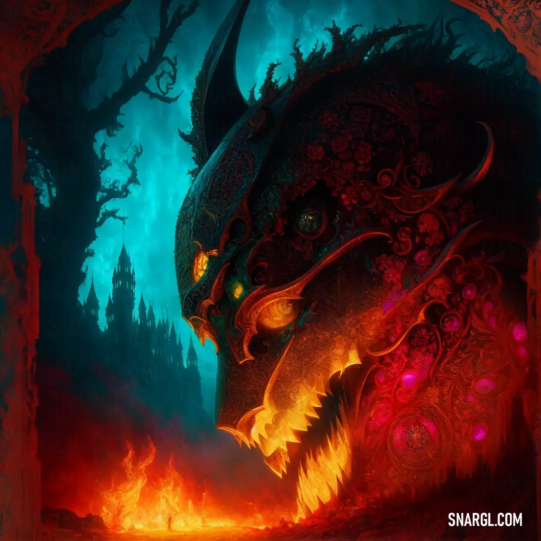 Demonic demon with glowing eyes and a demon head on fire in a forest with trees and bushes