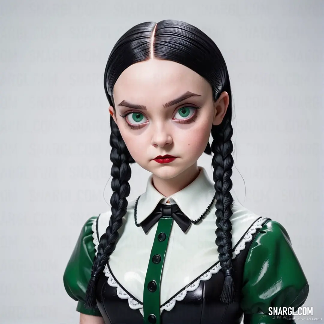 Warm black color example: Doll with long black hair and green eyes wearing a green dress and black hair