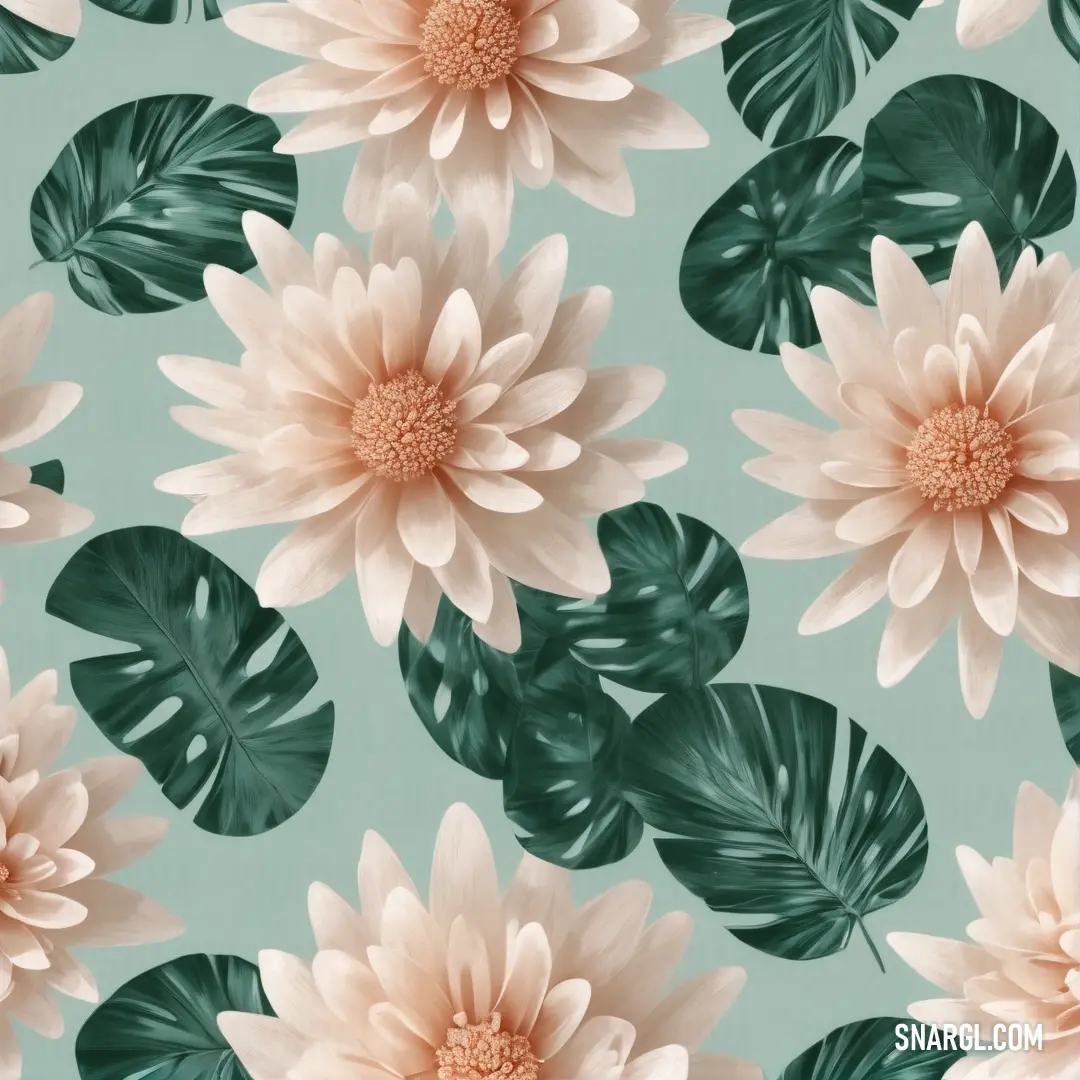 Flower pattern with leaves on a blue background. Color RGB 0,66,66.