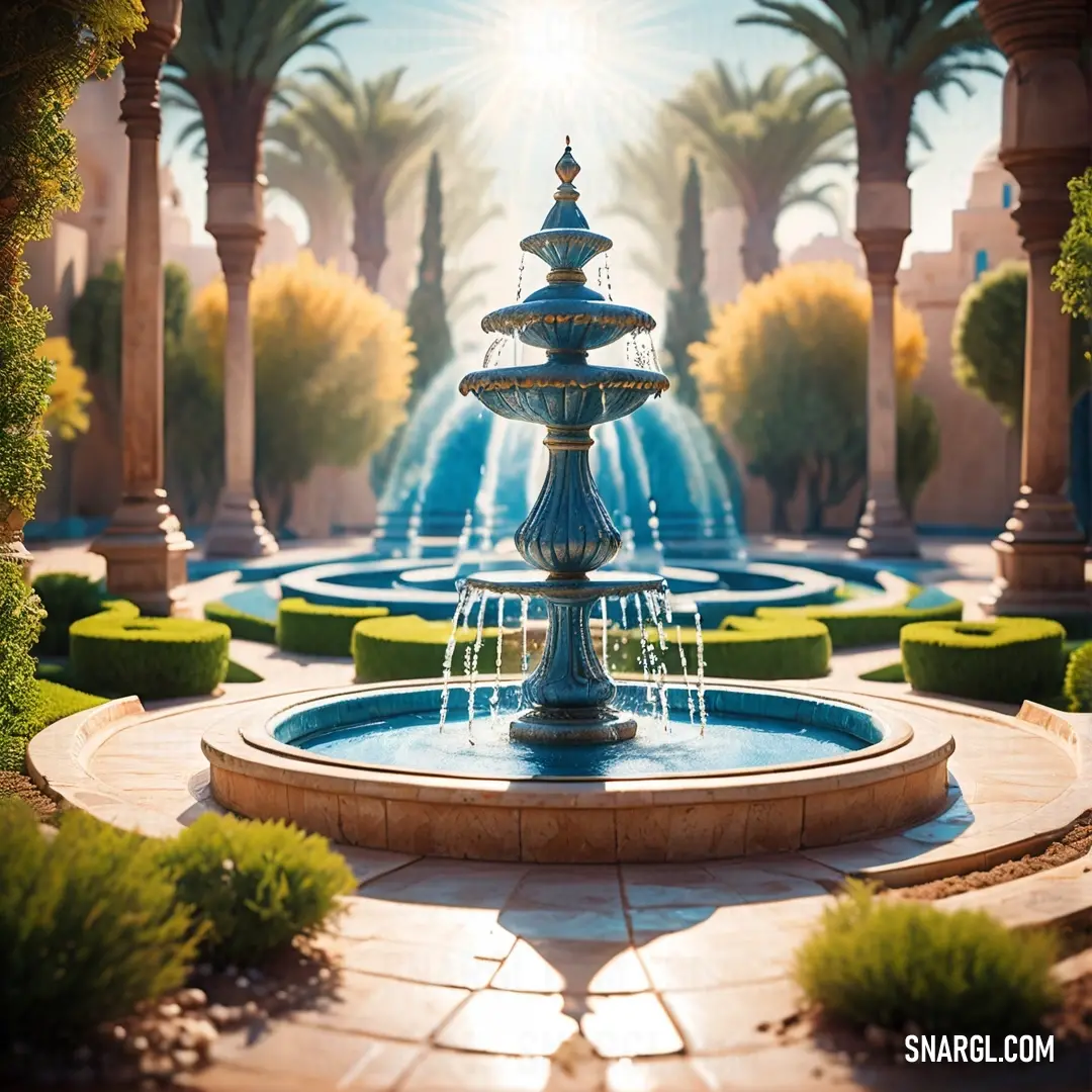 A stunning fountain set in the heart of a lush garden, with sunlight streaming through the surrounding trees and plants. The cool, calming color of the water contrasts beautifully with the greenery, creating a serene garden oasis.