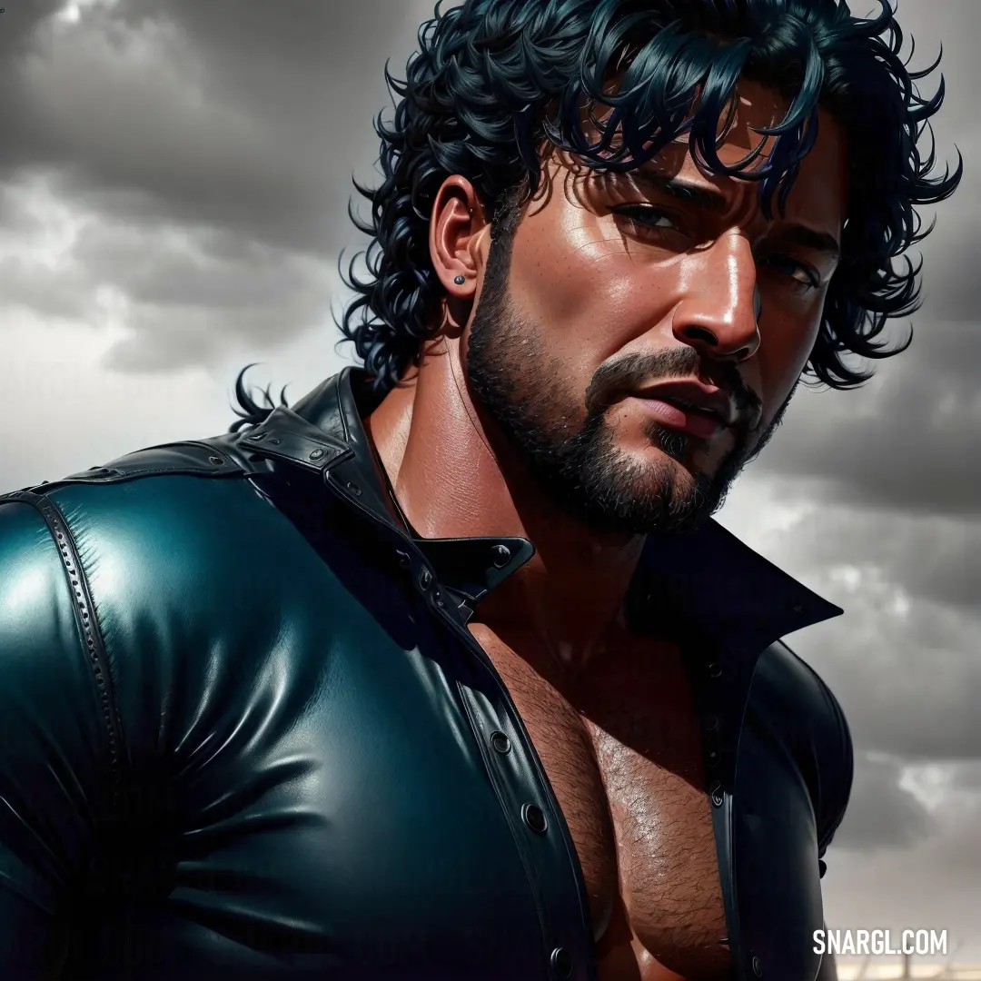 Man with a beard and a leather jacket on is staring at something in the distance with a cloudy sky behind him