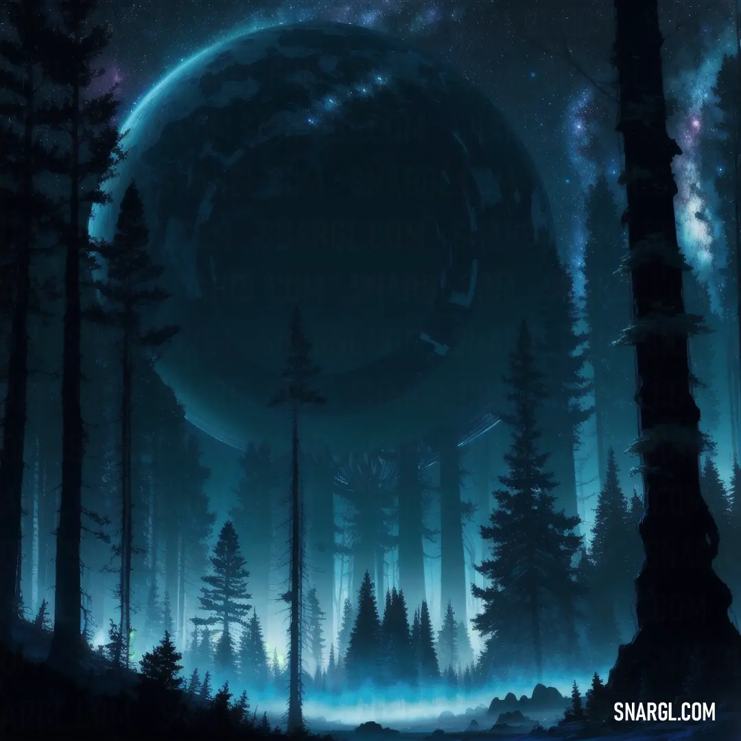 Painting of a forest with a large circle in the middle of it and stars in the sky above