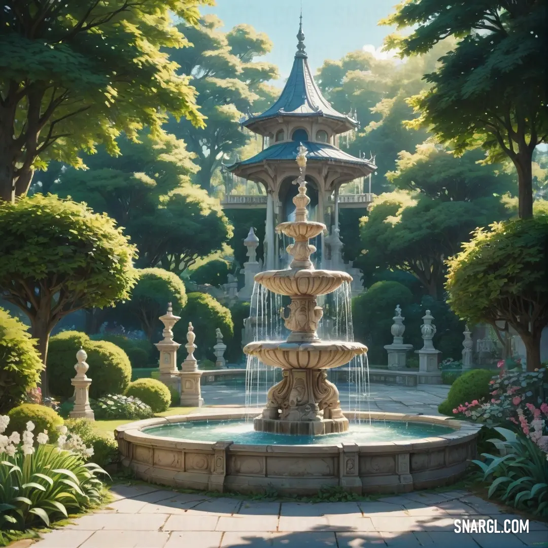 A serene park scene with a central fountain, framed by trees and bushes, and a gazebo peeking in the background. The warm, inviting hues of the scene evoke a peaceful atmosphere, perfect for a leisurely stroll.