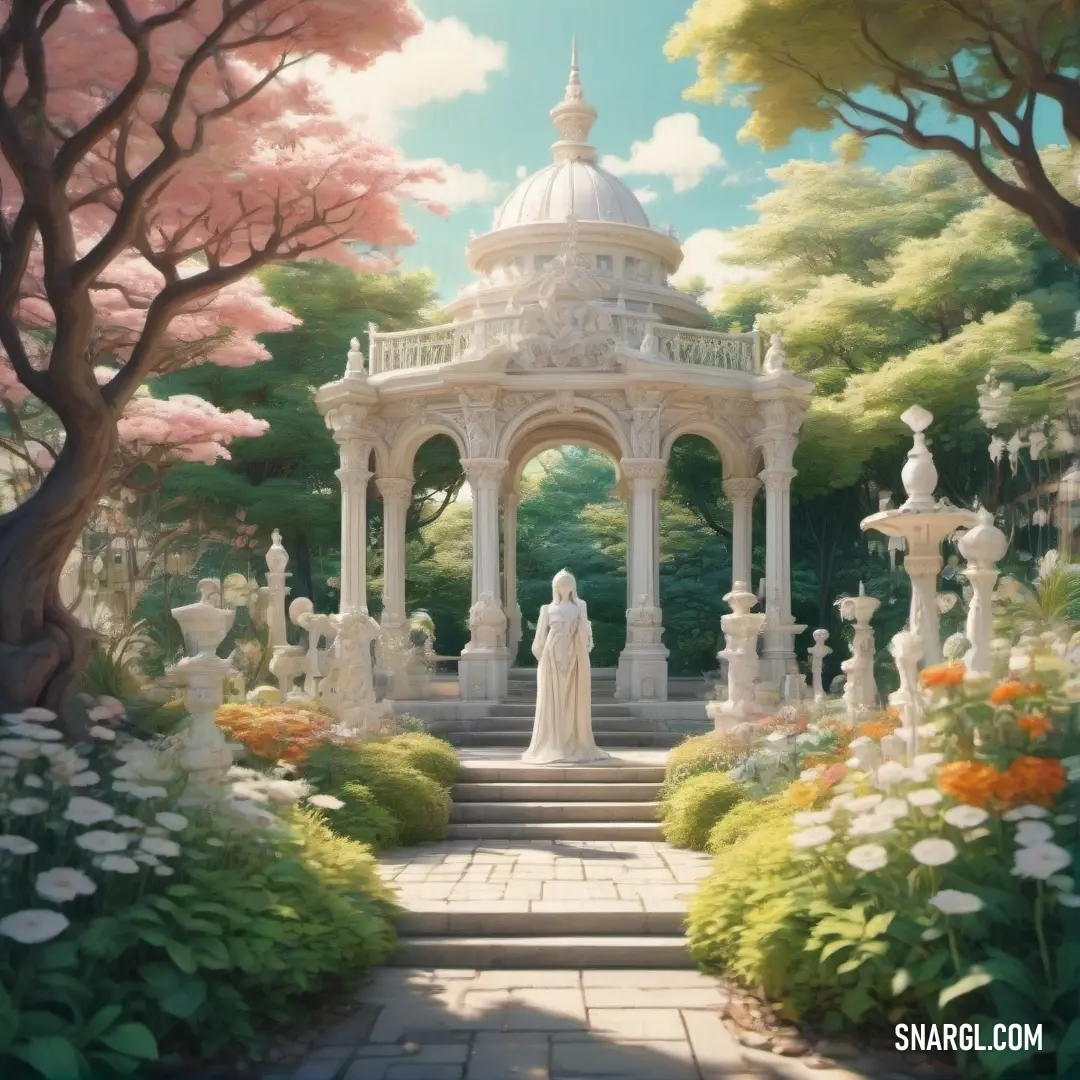 A lovely garden scene with a gazebo surrounded by colorful flowers, creating a peaceful and serene setting. The rich green tones of #004242 add depth and tranquility to the image.