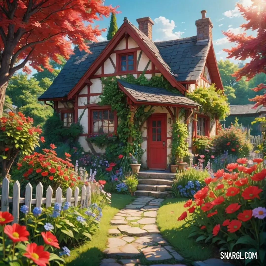 A beautiful painting of a house with a white picket fence, surrounded by flowers and trees. A peaceful pathway leads to the door, all bathed in the warm, rich tones of Warm Black.