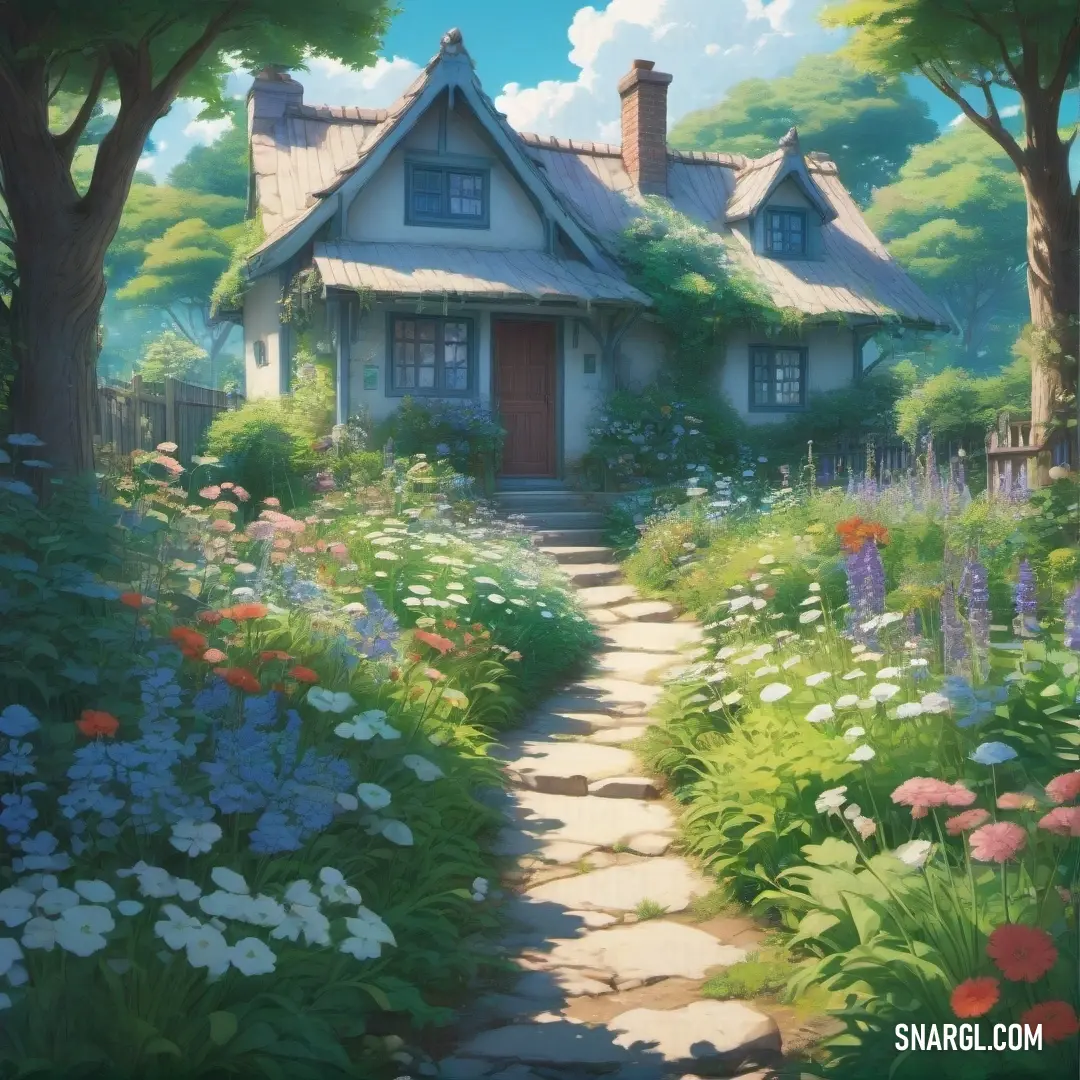 A beautiful painting depicting a house with a charming pathway leading to its front door. The color combination of CMYK 100,0,0,74 creates a deep, earthy tone for the scene.