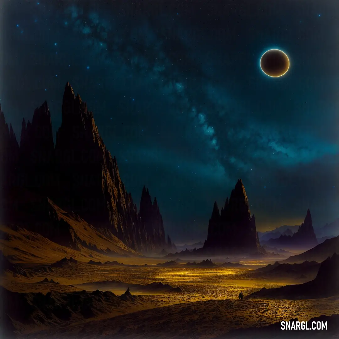 Painting of a planet with a star in the sky and a distant star in the distance with a bright yellow light