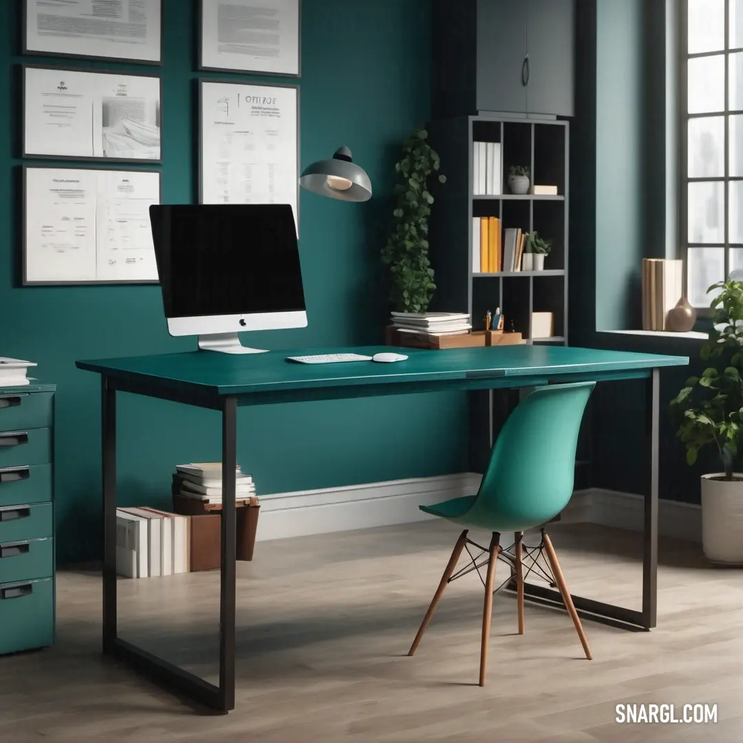 Desk with a computer and a chair in a room with a window and a bookcase on the wall. Example of RGB 0,66,66 color.