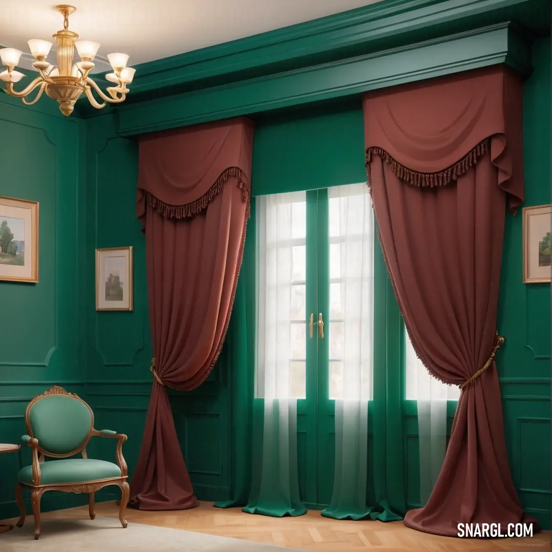 Green room with a chair and a chandelier hanging from the ceiling and a window with curtains. Color #004242.