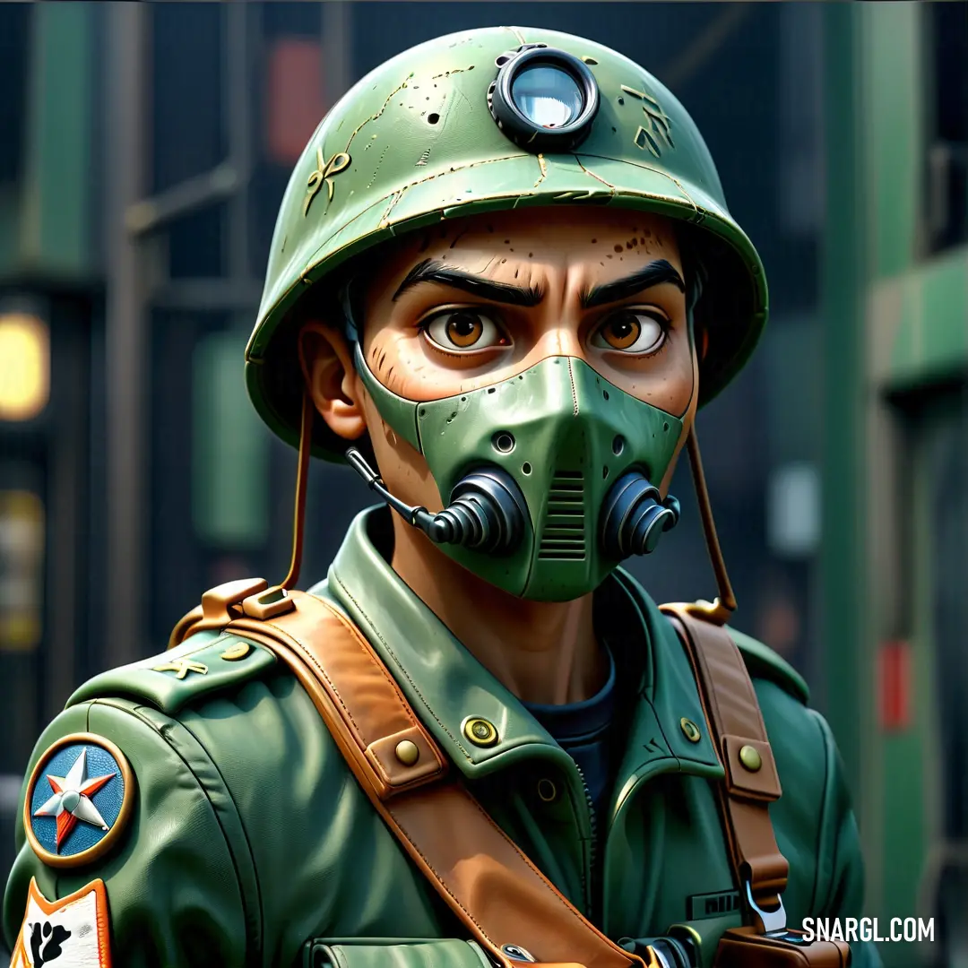 Man in a gas mask and uniform with a gas mask on his face. Example of #004242 color.