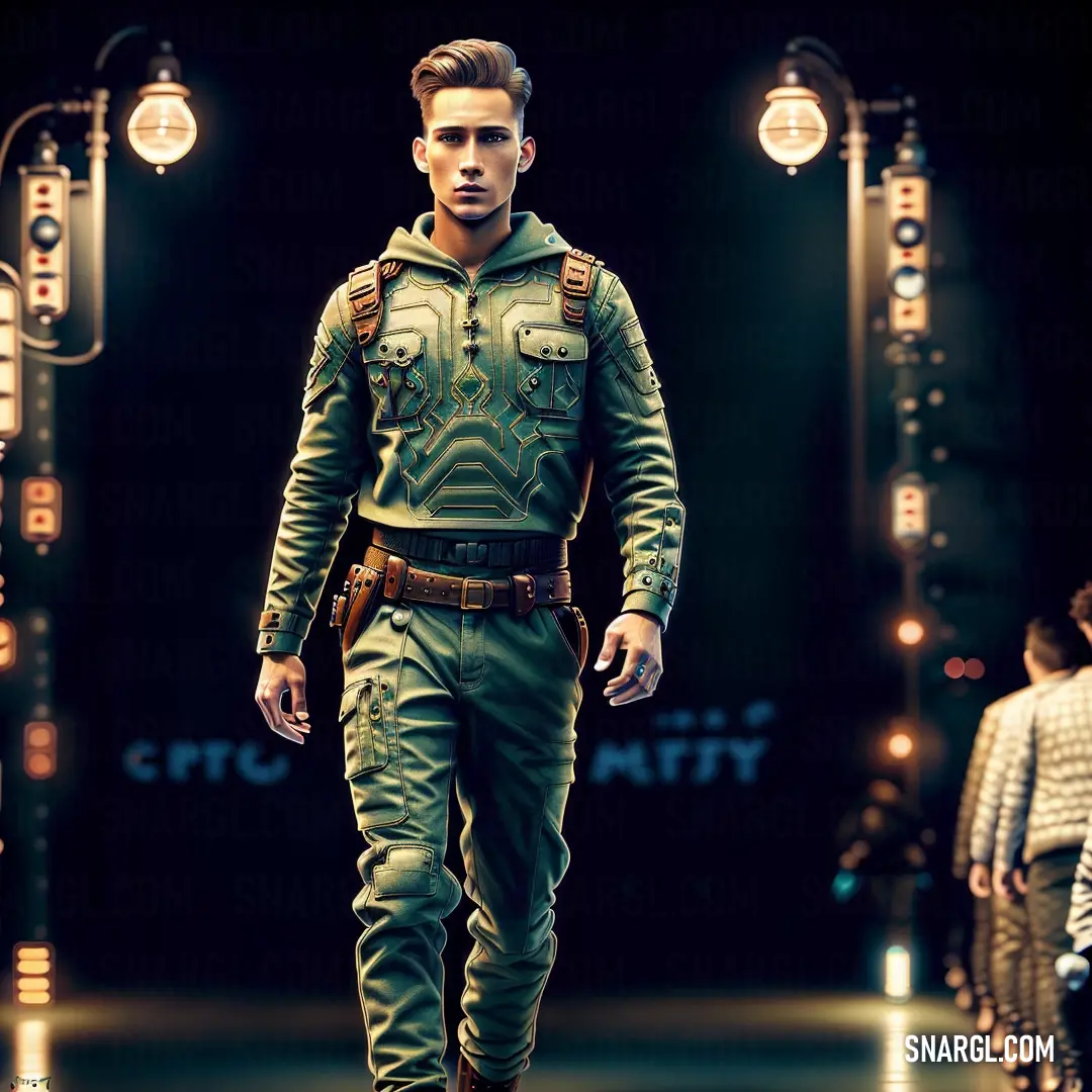 Warm black color example: Man in a military uniform walking down a runway at night with lights on the ceiling