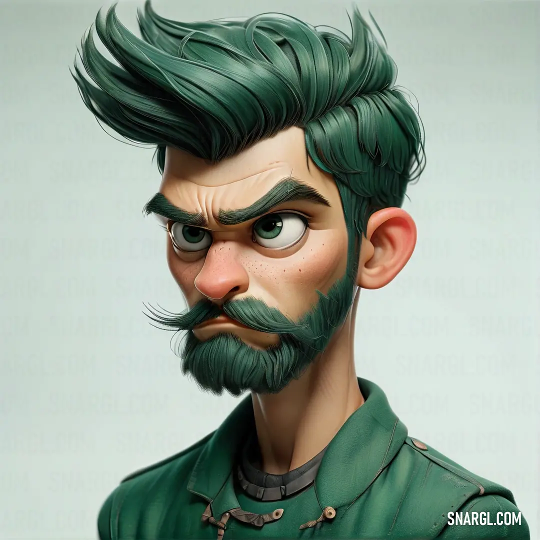 Man with a green beard and mustache is shown in a cartoon style. Example of #004242 color.