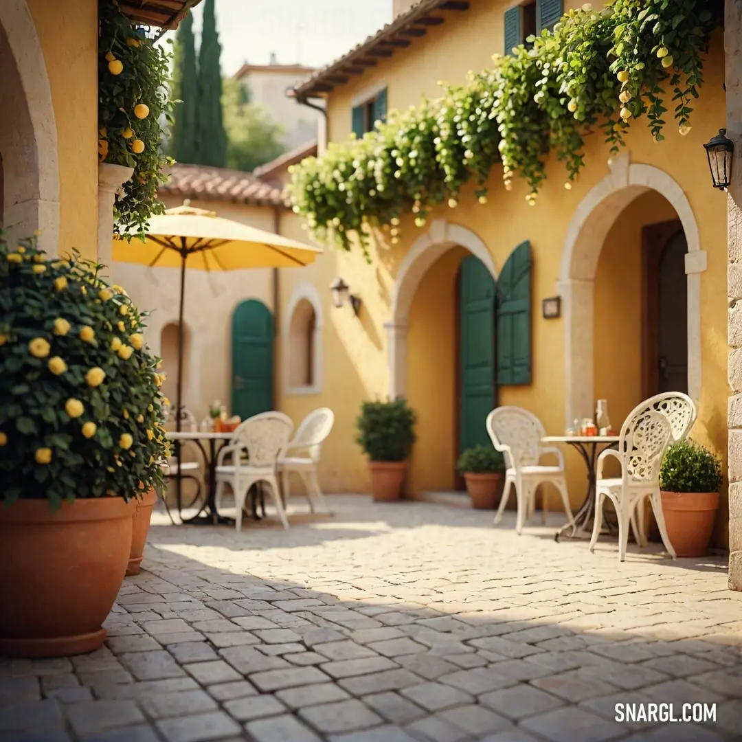 A warm, sunlit patio with tables and chairs arranged under a bright yellow umbrella, offering shade on a sunny day. The dark tones of the surrounding patio furniture add contrast to the bright and cheerful ambiance.