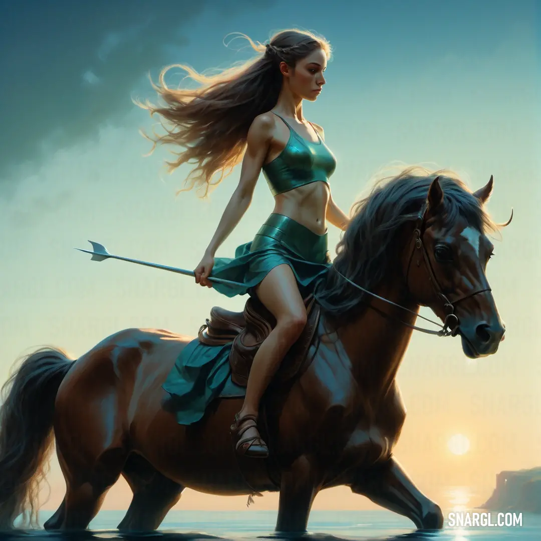 Woman riding a horse on the beach at sunset with a spear in her hand. Example of CMYK 100,0,0,74 color.