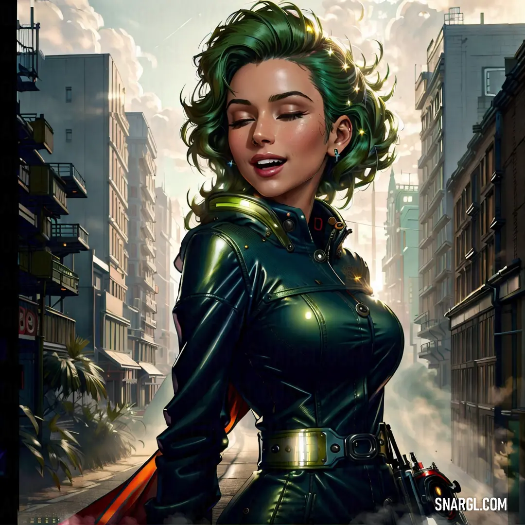 Woman in a green leather outfit standing in a city street with a gun in her hand. Example of RGB 0,66,66 color.