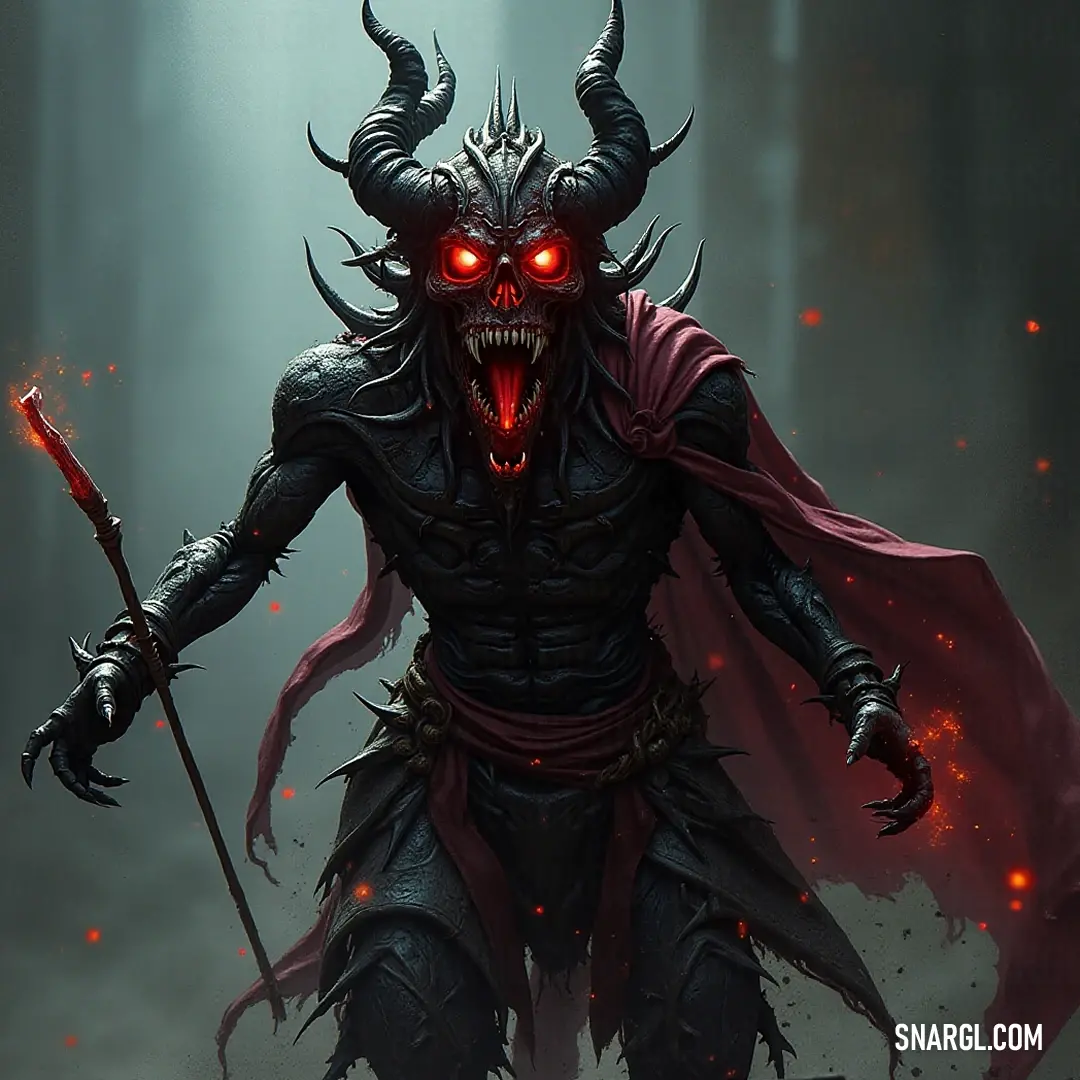 Demonic Warp Lightning Master with Sword and Scepter A formidable Demonic Warp Lightning Master showcases an imposing figure with menacing horns and a vibrant red cape, ready to unleash his power while gripping a sword and scepter, poised in electrifying intensity.