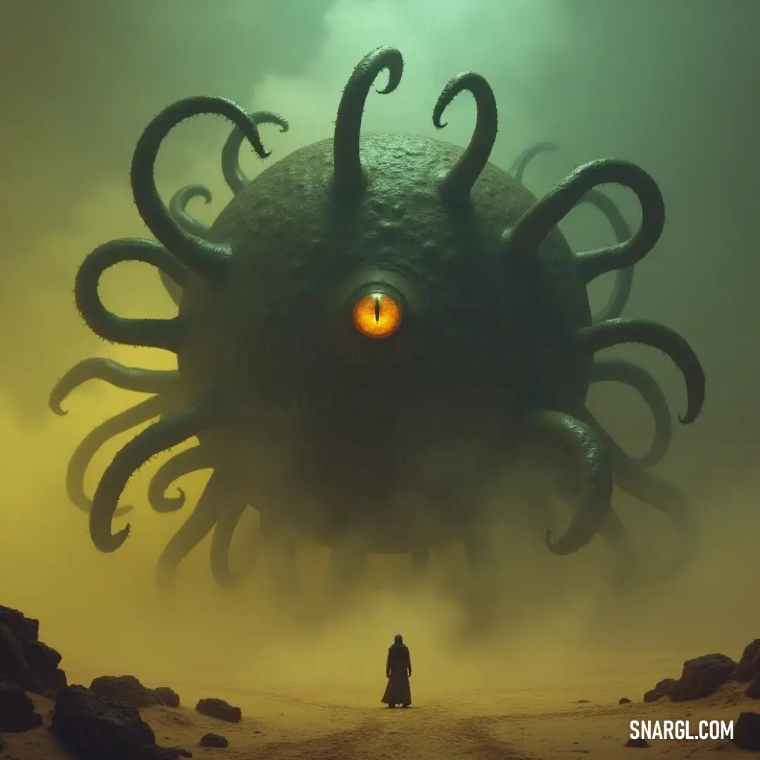 In a vast desert, a massive octopus with a glowing eye casts an imposing shadow while a Warped Eye stands courageously in its path, adding an element of the fantastical to the landscape. A giant octopus with a glowing eye looms over a vast desert landscape, its massive form contrasted by the surreal sight of a Warped Eye standing boldly in front of it, creating a sense of awe and mystery.