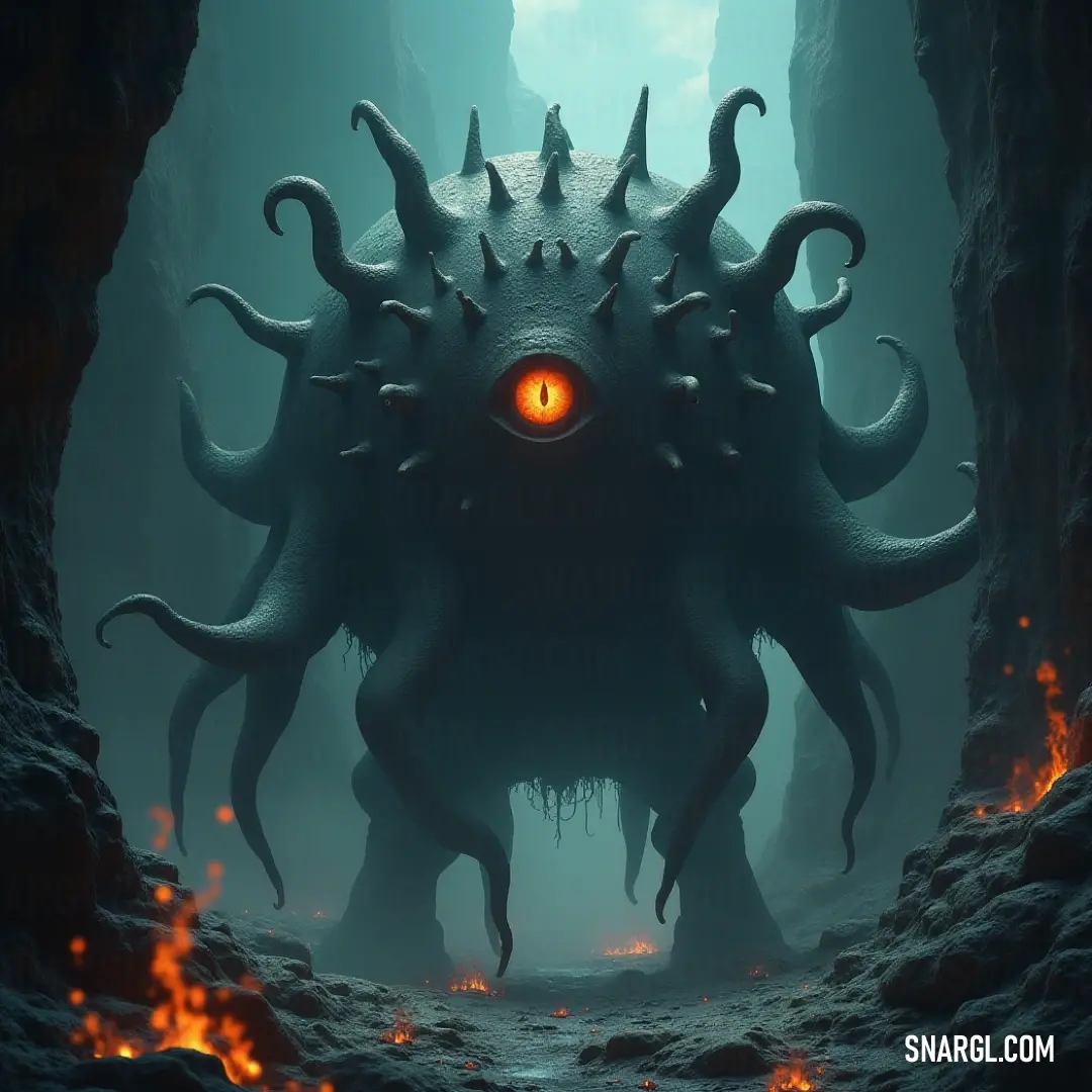 A glowing, distorted eye rests deep in a cavern surrounded by flowing lava, radiating an eerie light that contrasts with the surrounding molten heat. A strange, warped eye floats in the heart of a cave, its glowing center piercing through the fiery lava flows that light up the cavern's dark walls, creating an intense and mystical ambiance.
