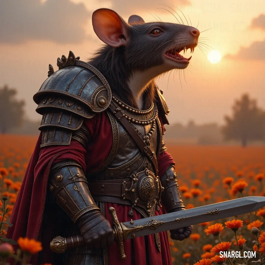 With a sword gripped in its mouth, the Warpfire Engineer, clad in armor, stands amidst a field of vibrant flowers, a silent guardian in a peaceful yet dangerous world. The Warpfire Engineer, adorned in a knight’s chest armor, stands confidently in a field of blooming flowers. A sword clenched in its mouth, it exudes strength and determination against the serene backdrop.