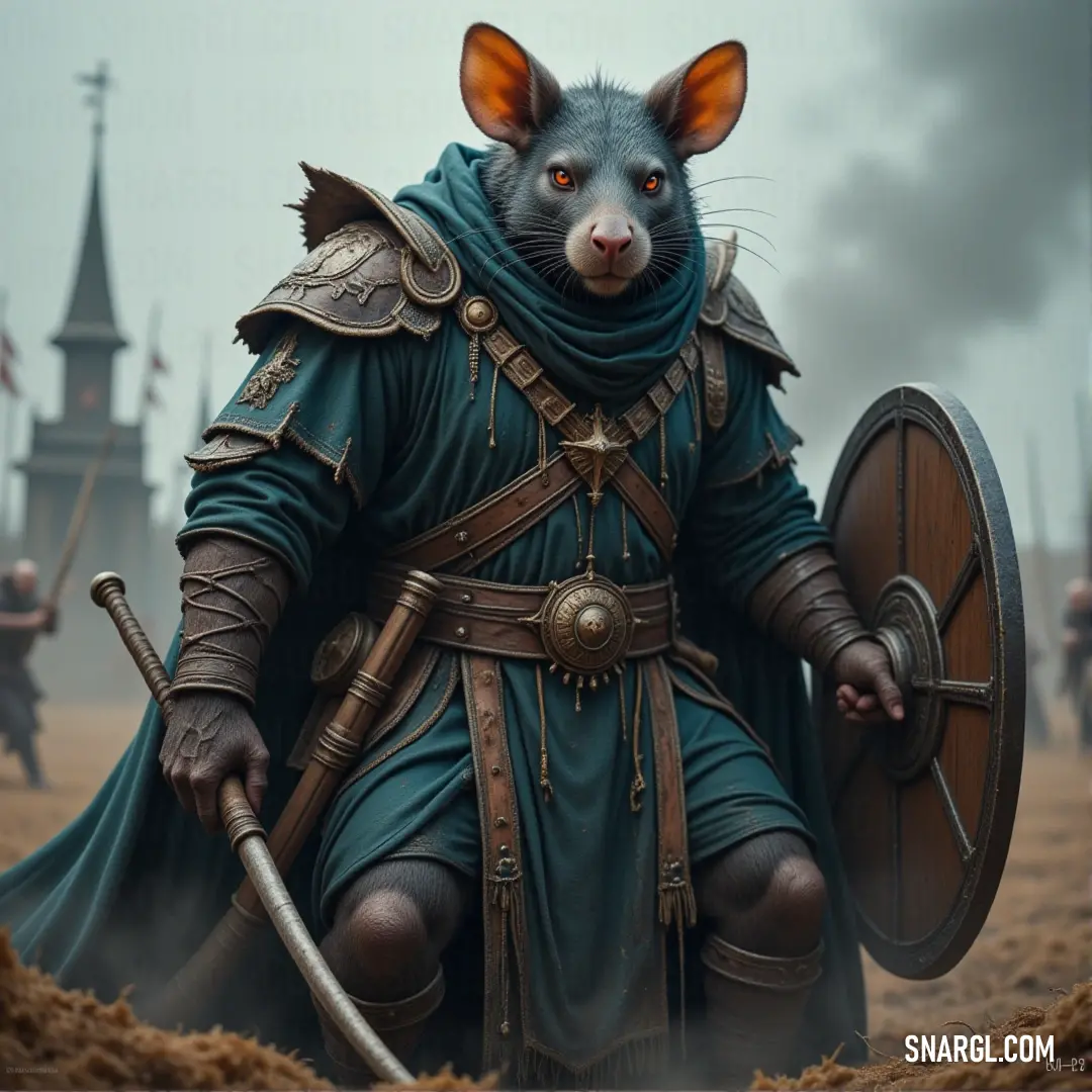 In a field surrounded by others, a Warpfire Warlord, donned in medieval attire and wielding a sword and shield, takes their place among fellow warriors, ready for combat in a medieval landscape.