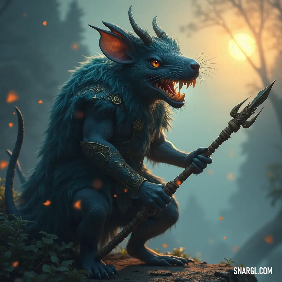 The fearsome Warpseer, with horns and a demon’s face, stands ready for battle, a spear in its grasp and a menacing presence that shakes the very air around it. A menacing Warpseer, with a horned head and a demon-like face on its chest, grips a spear tightly in its paws. The otherworldly being stands in a dark, mystical landscape, its eerie presence dominating the scene, surrounded by an aura of fear and power.