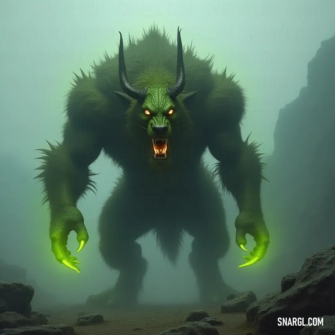 The Warpstone Beast, glowing amidst the fog, evokes an atmosphere of mystery and power in the dim light. Enshrouded in fog, the Warpstone Beast stands ominously with its glowing eyes and green visage, the eerie atmosphere amplifying its intimidating presence as it guards its hidden lair.