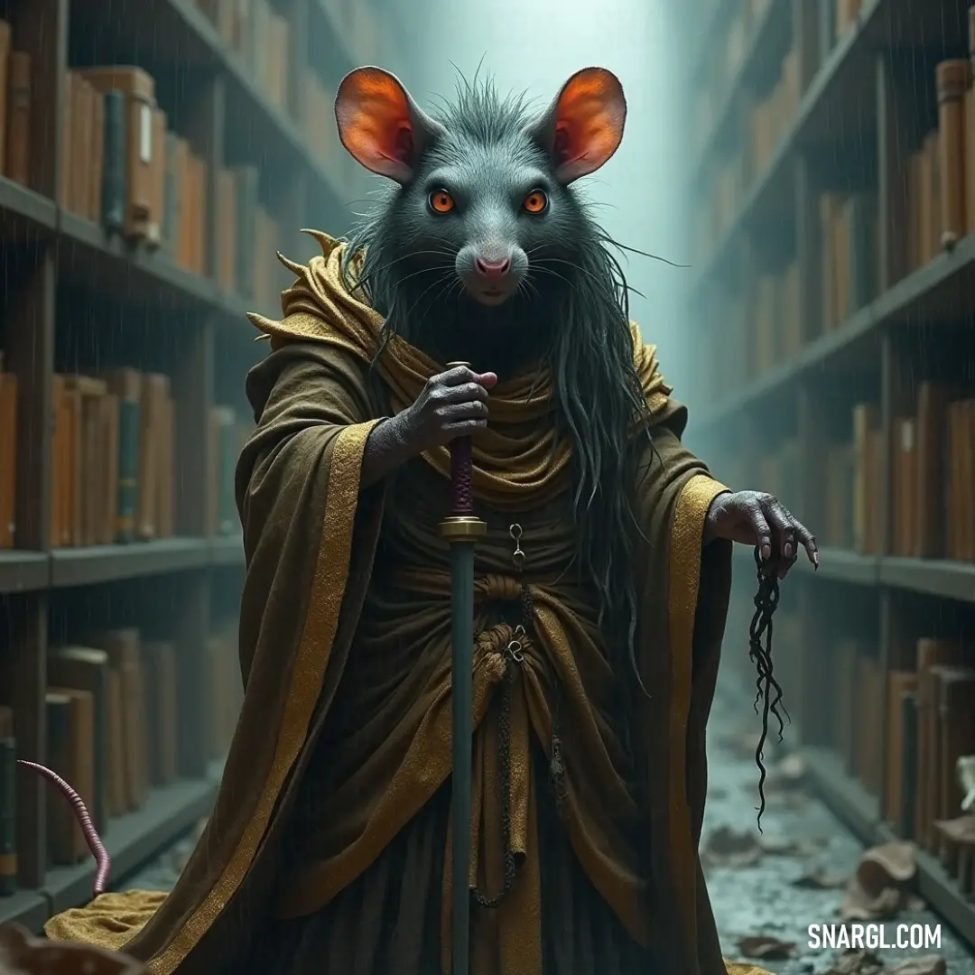 A mystical rat in a library clutching a fiery staff between its teeth, surrounded by ancient books and knowledge. A whimsical rat adorned with a tall staff and intricately designed sorcerer's robes stands curious in an ancient library filled with stacked tomes, a fiery staff held firmly between its teeth, casting an enchanting glow around its surroundings.