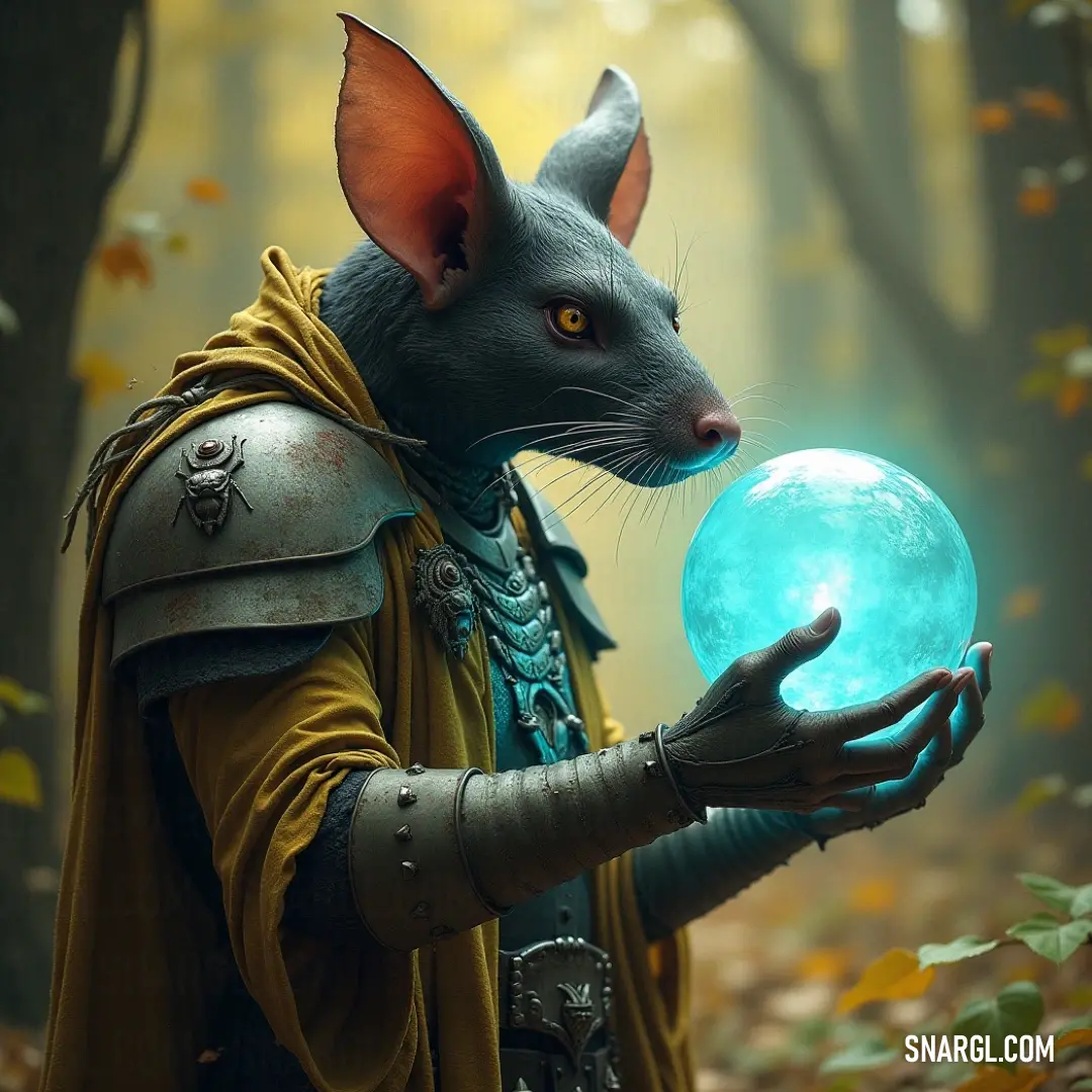 A mystical Warpstone Seer clad in elaborate robes, standing in a serene forest. He holds a glowing crystal ball, surrounded by fallen leaves, as the light filters through the trees, casting a magical atmosphere.