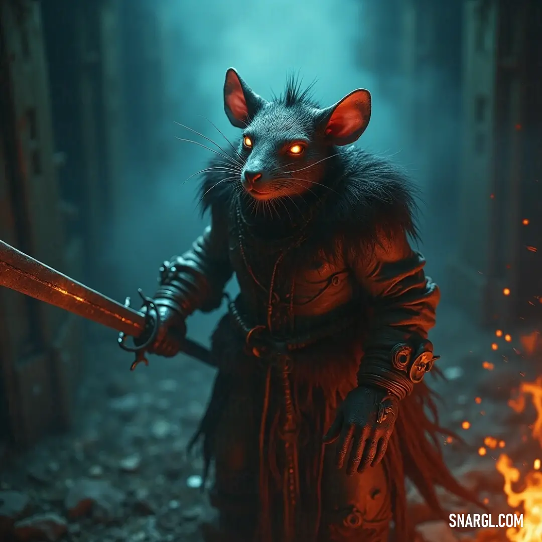 In a dimly lit alley, the fierce Warpstone Warlord prepares for battle, flames spewing forth in a dramatic display that emphasizes the blend of danger and raw power in a haunting environment. The menacing Warpstone Warlord, engulfed in shadows, brandishes a sword while flames erupt from its mouth, portrayed against a dilapidated alley, embodying chaos and ferocity amidst an almost mythical ambience.