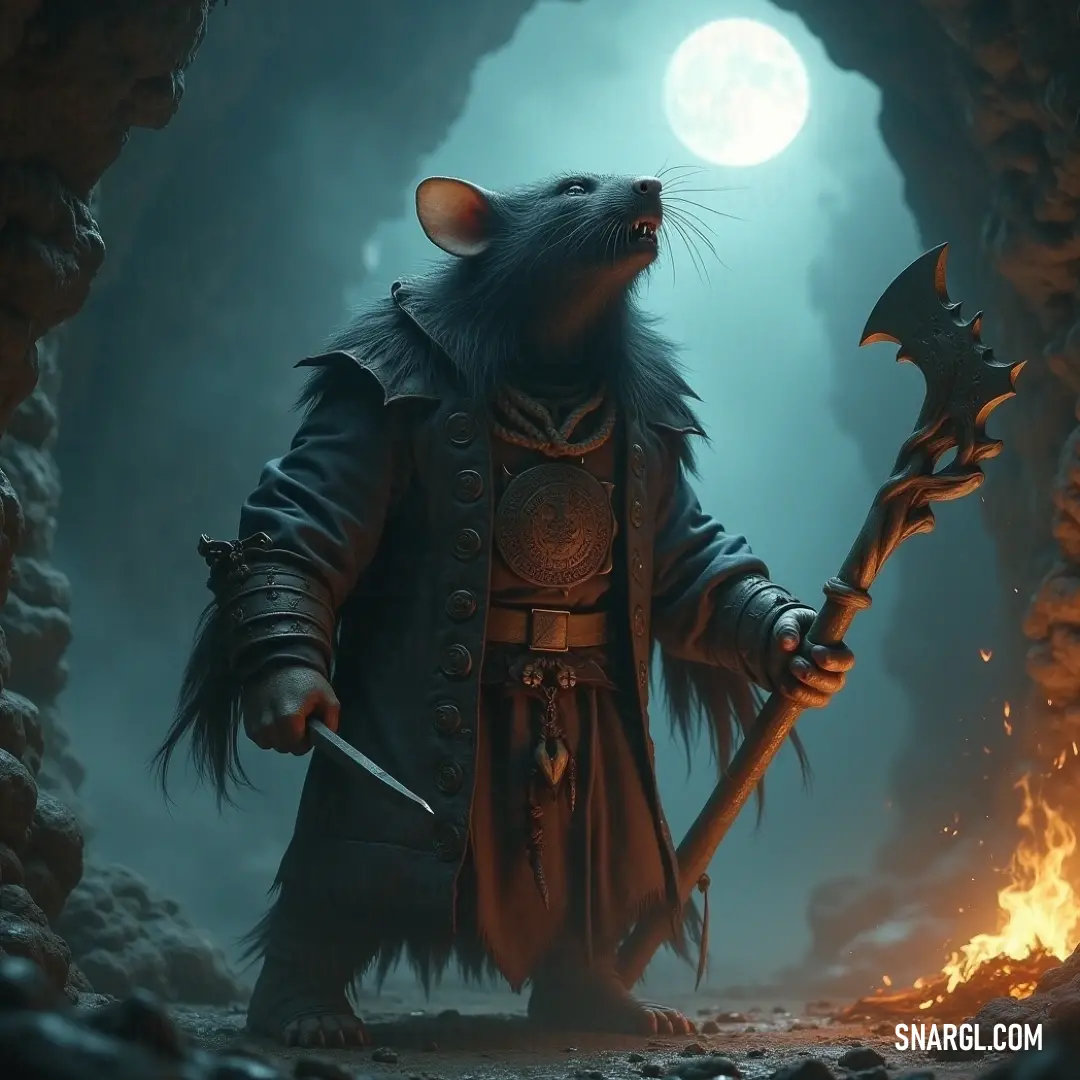 In a moonlit cavern, a mystical Warpstorm Beast stands poised with a shimmering staff, its silhouette captured against the ethereal glow of a full moon, merging earthy tones with celestial splendor.