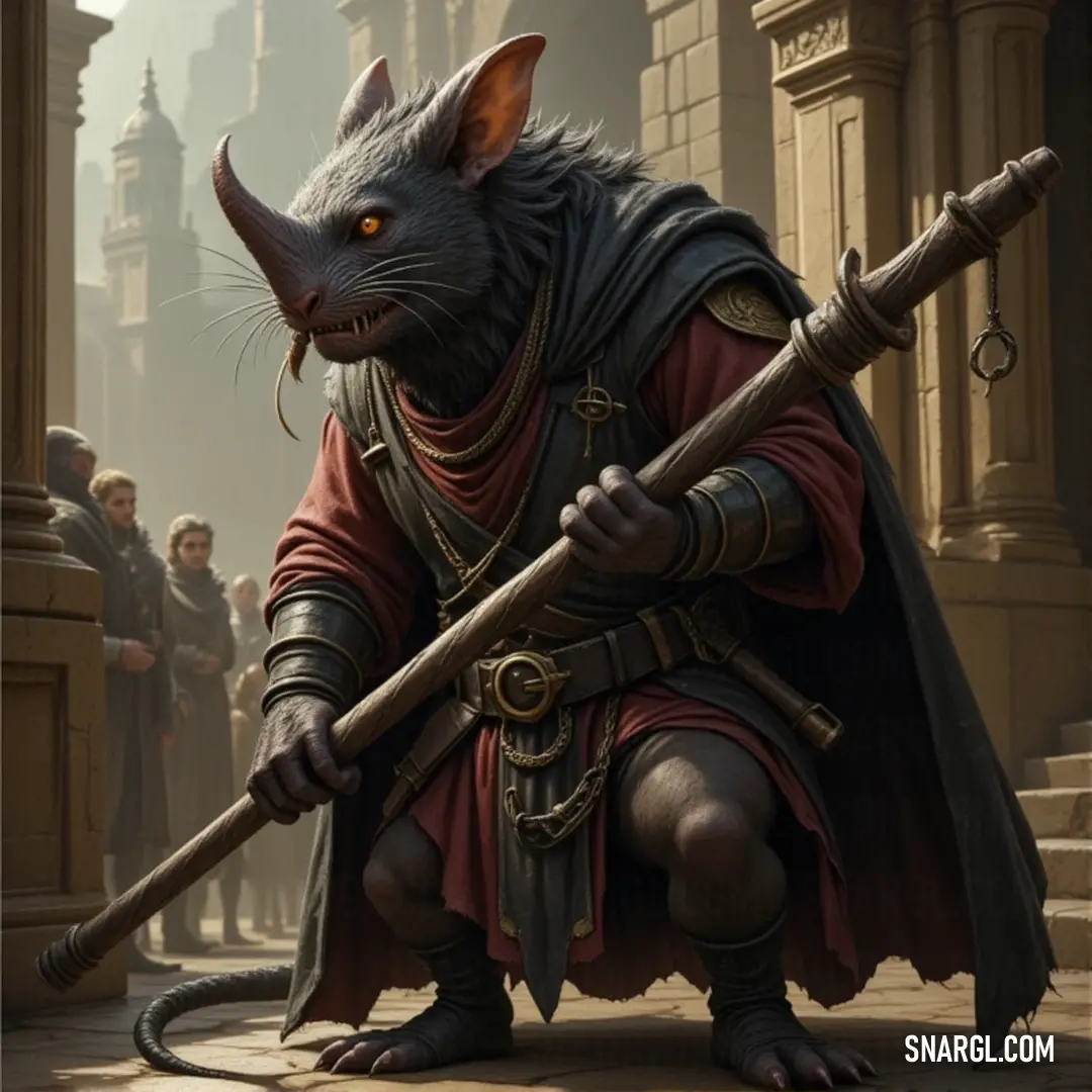 The Warpstorm Beast, with a long, curving nose and an even longer tail, grips a stick as it stands in front of a gathered crowd. Its striking appearance is both fearsome and intriguing, making it a figure of great attention in the chaotic scene.