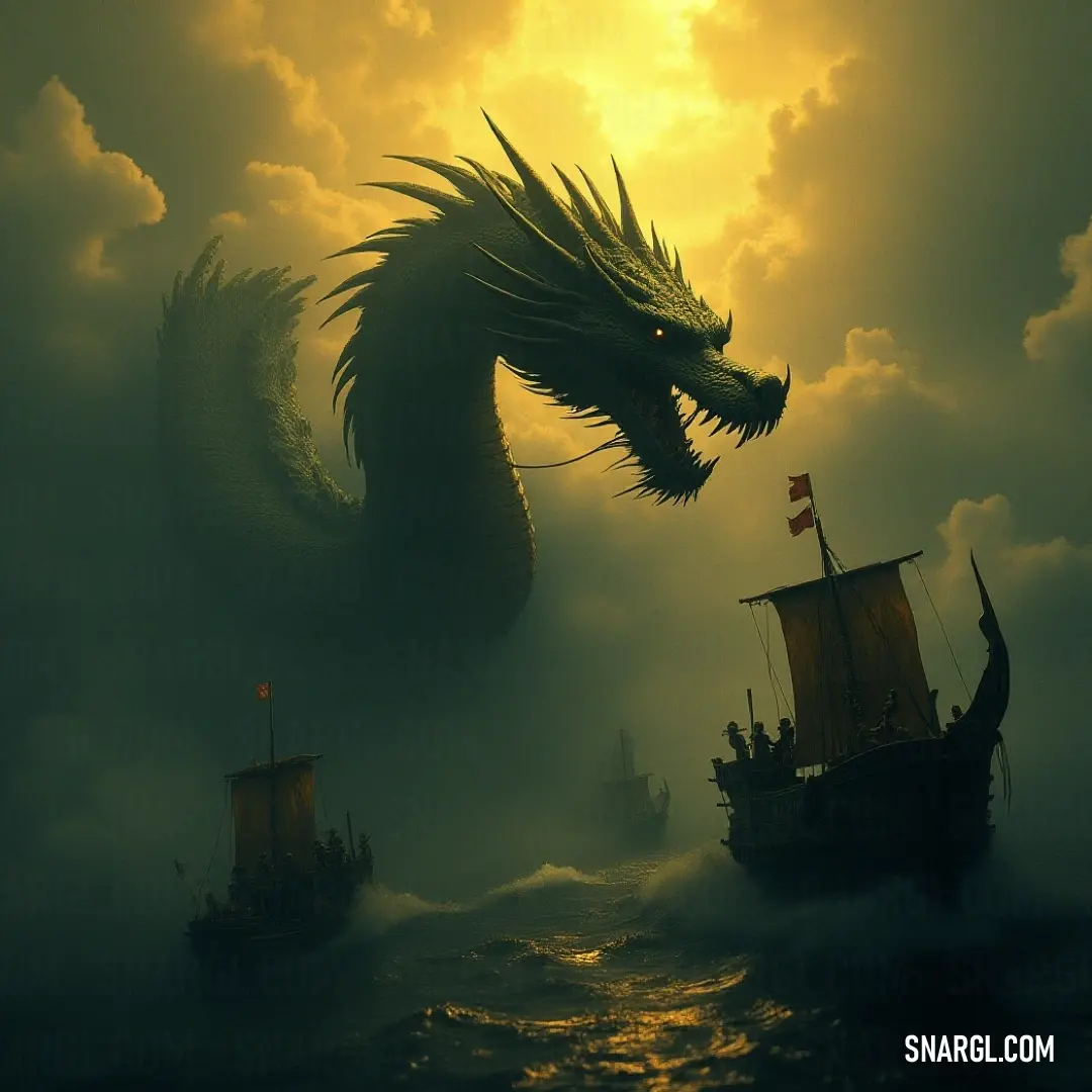 A fierce Water Dragon soaring above a boat in the ocean, with a majestic ship sailing in the background under expansive blue skies. Soaring high above the ocean, a fierce Water Dragon glides effortlessly over a boat, with a grand ship sailing silently in the backdrop beneath the vast blue skies.