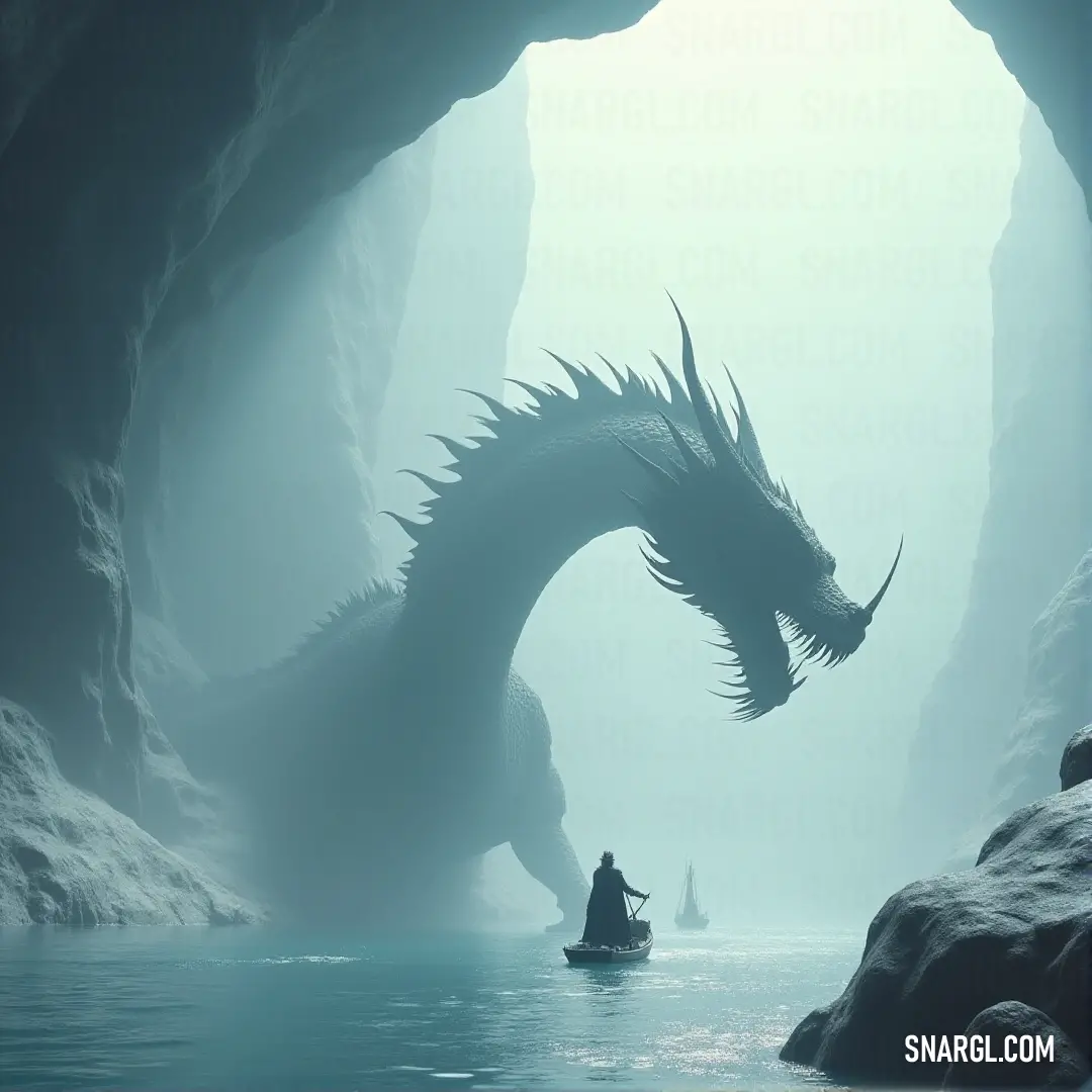 The foggy waters swirl around a dragon, its looming silhouette seen barely through the mist as it approaches a small boat, creating an eerie atmosphere. A fierce dragon breaks through the fog, its scales glistening with moisture, as it hovers near a boat drifting in the murky, mist-covered water. The creature’s glowing eyes pierce the thick fog, adding an air of mystery and danger.