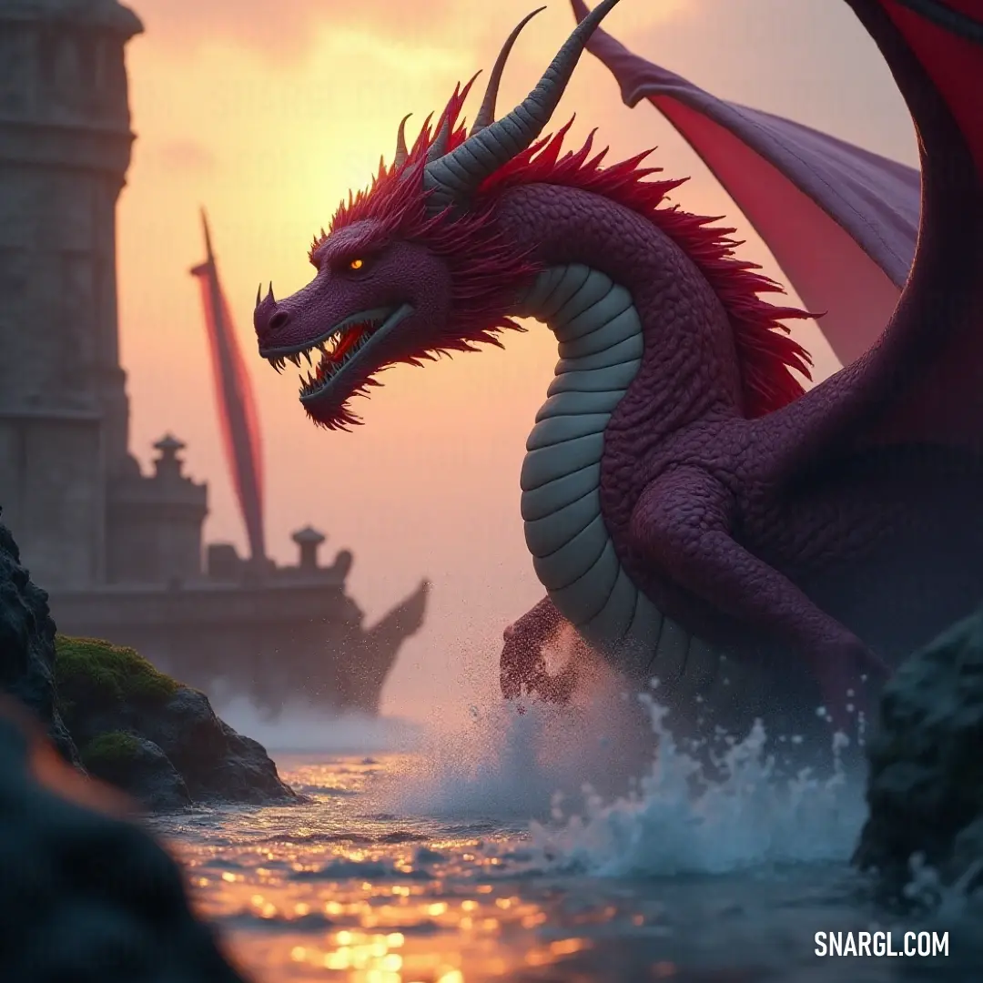 A regal Water Dragon poised in tranquil waters beside a majestic castle and an ancient clock tower, weaving tales of wonder and adventure. A regal Water Dragon stands poised in the tranquil waters, near a majestic castle and an ancient tower adorned with a clock, showcasing a world of wonder and mystery.