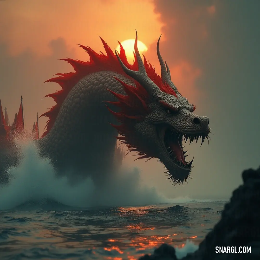 A majestic Water Dragon with vibrant red hair gliding through shimmering waters, a small boat in the background enhancing the magical atmosphere. A majestic Water Dragon with vibrant red hair gracefully glides through shimmering waters, complemented by a small boat in the distance that adds to the enchanting scene.