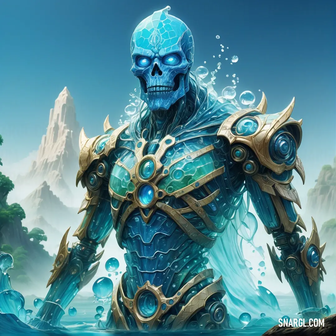 Blue skull with a blue face and a blue body of water in front of a mountain range with rocks