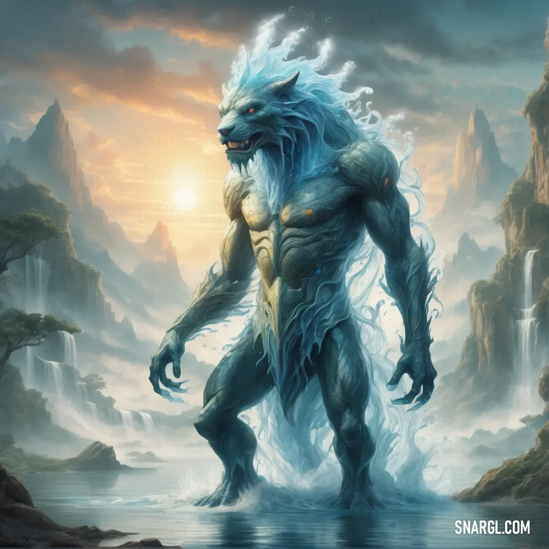 Water elemental with a white fur coat and a blue tail standing in a body of water with a mountain in the background