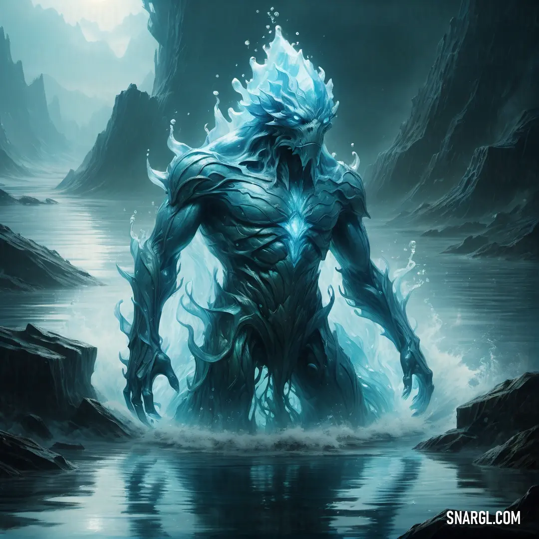Giant Water elemental standing in the water with a light blue face and a glowing body of water behind it