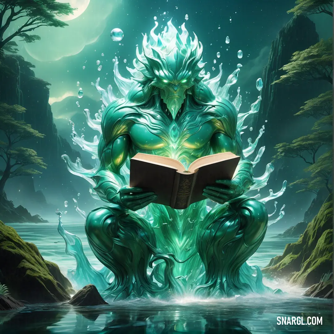Green Water elemental on a rock reading a book in the water with a moon in the background