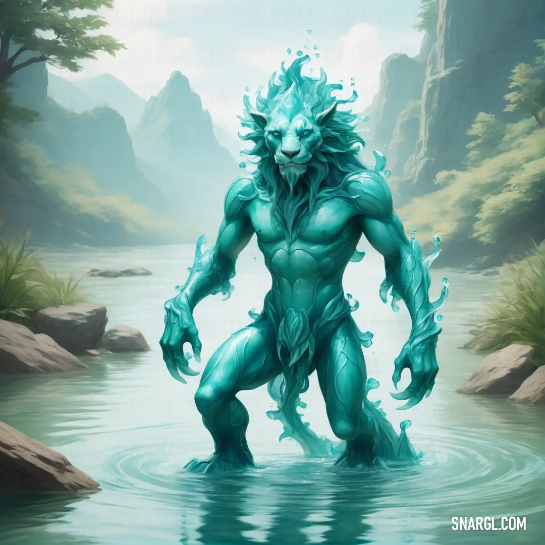 Green Water elemental standing in a body of water with a mountain in the background and a river running through it