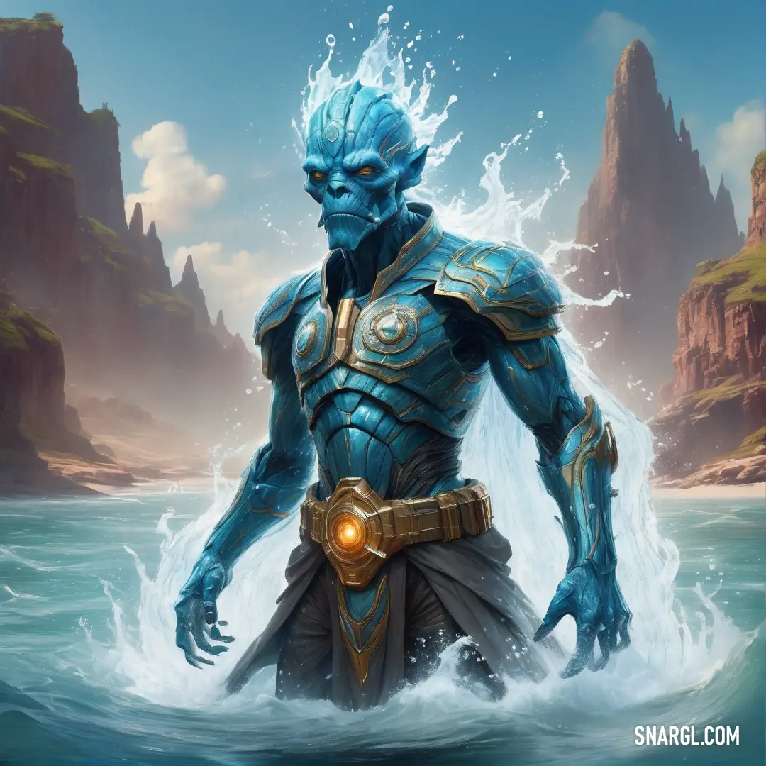 Water elemental in a blue suit standing in the water with a light on his chest and a helmet on