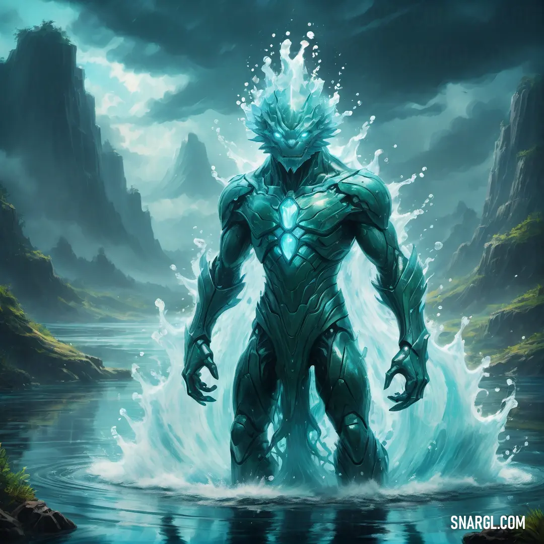 Water elemental in a suit standing in a body of water with a giant head and a massive body of water behind him