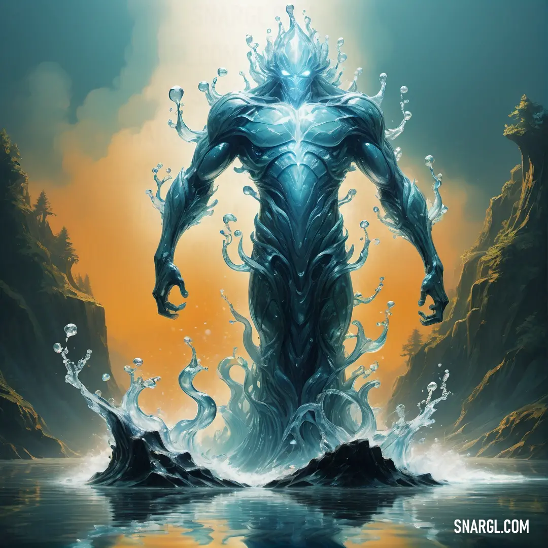 Man standing in the water with a giant Water elemental in his hand and a glowing light behind him
