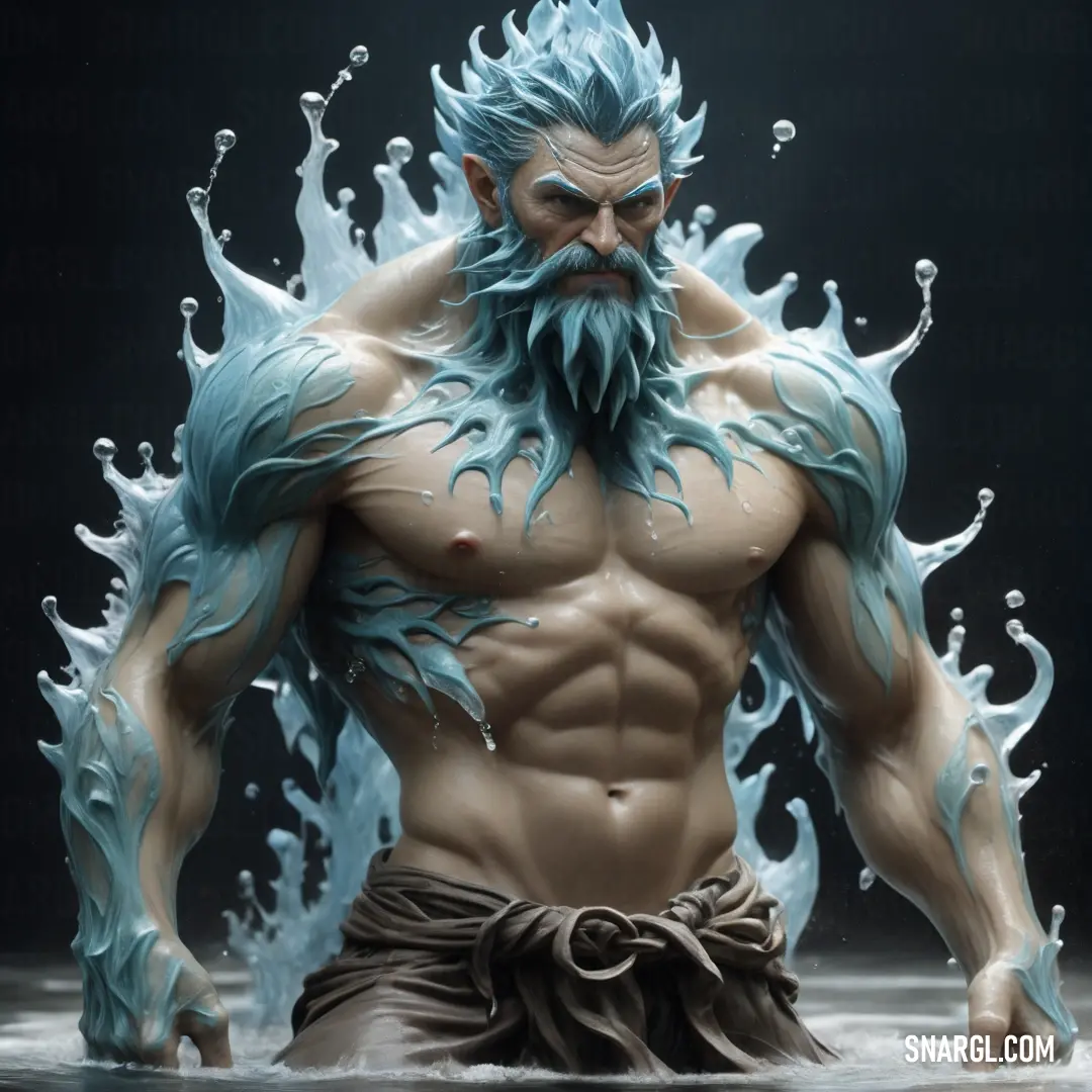 Water elemental with a beard and a beard with water on his face and body