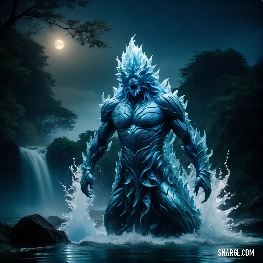 Water elemental with a blue body of water in front of a waterfall and a full moon in the sky