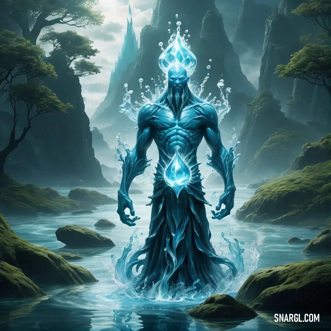 Water elemental with a blue body and a blue crown standing in a river surrounded by rocks and trees
