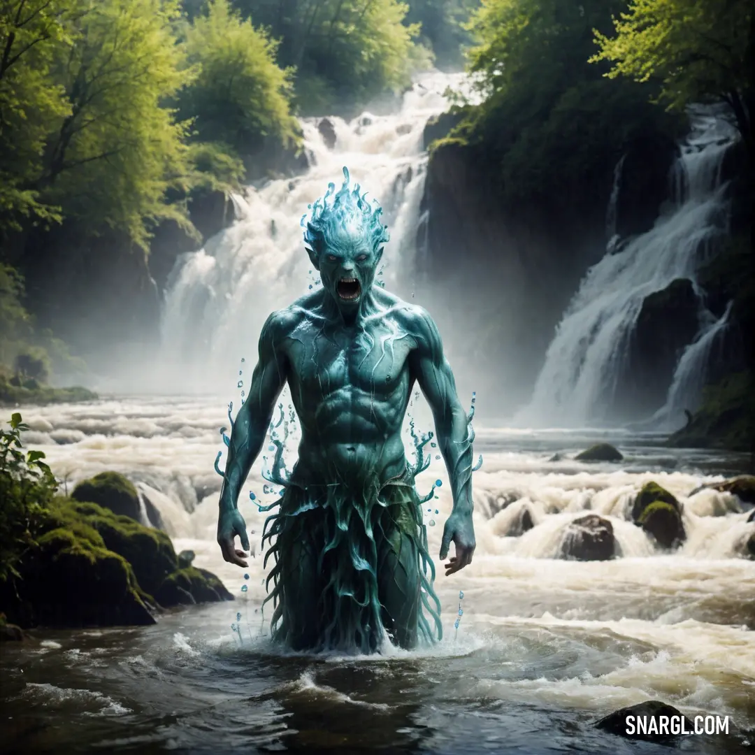Water elemental with a blue hair standing in a river next to a waterfall with water cascading down it