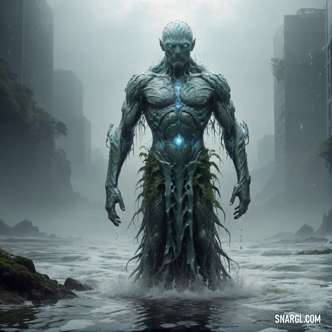 Water elemental with a weird body standing in the water in a city with tall buildings and a giant plant